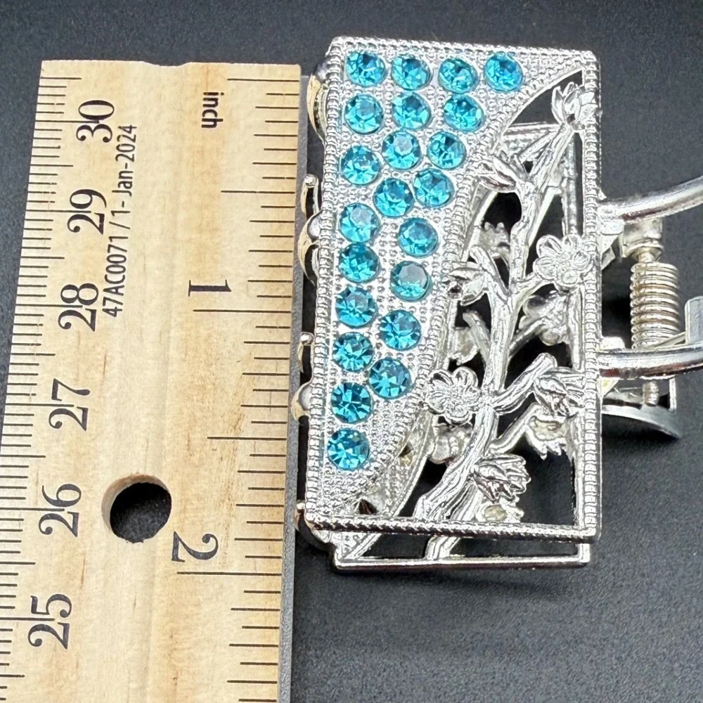 2pc Rhinestone Hair Claw‎ Clips Floral Design Silver Tone Blue Pink